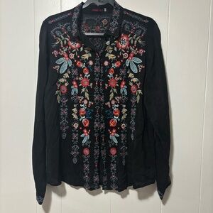 Johnny Was Black Top with Colorful Embroidery